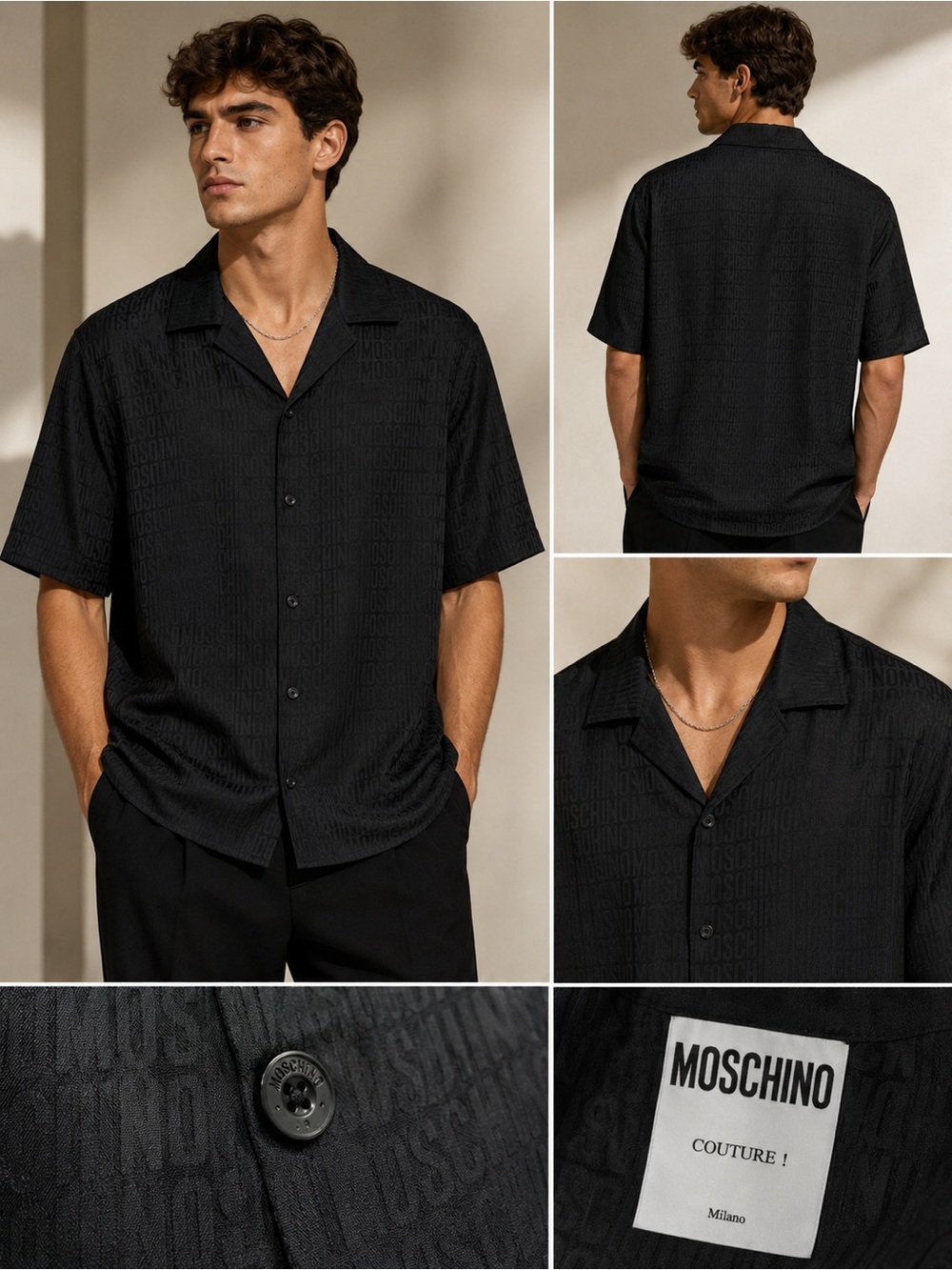 Moschino Couture! Milano Black Logo Jacquard Silk Blend Camp Shirt EU 40 Luxury